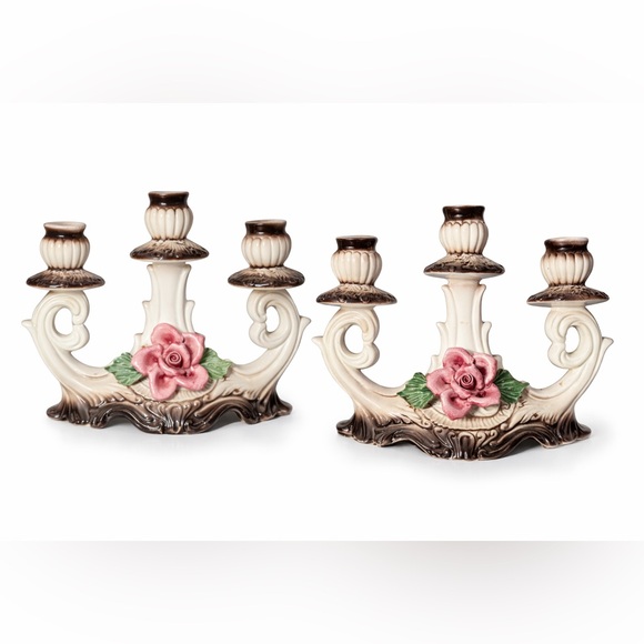 Other - Vintage Capodimonte Italy Porcelain Candelabra Set Pink Roses
